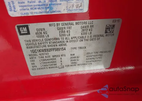 2015 Chevrolet Silverado 2500Hd Ltz z USA, uszkodzony, nr VIN 1GC1KWE82FF589154